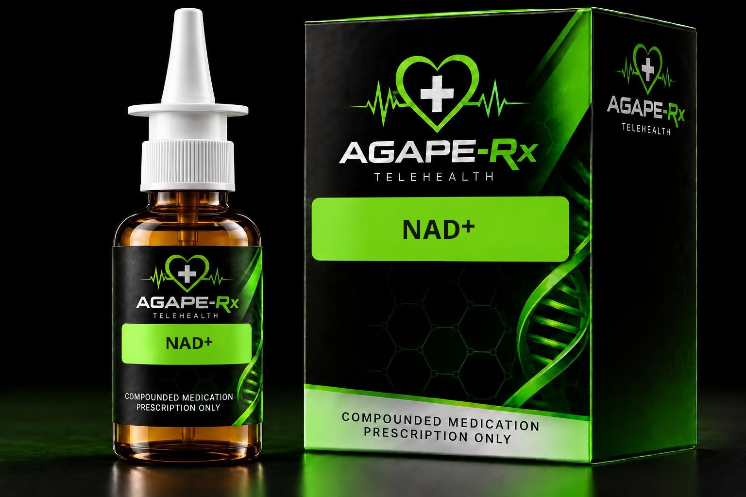 Illustrative Agape Rx packaging for NAD+: a black box and nasal spray bottle with professionally printed medication labels, lime-green heart-and-cross logos, and prescription-only labeling.