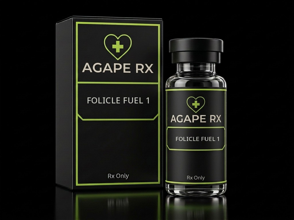 Illustrative Agape Rx packaging for Folicle Fuel 1 (Male): a black box and clear glass bottle with professionally printed medication labels, lime-green heart-and-cross logos, and prescription-only labeling.