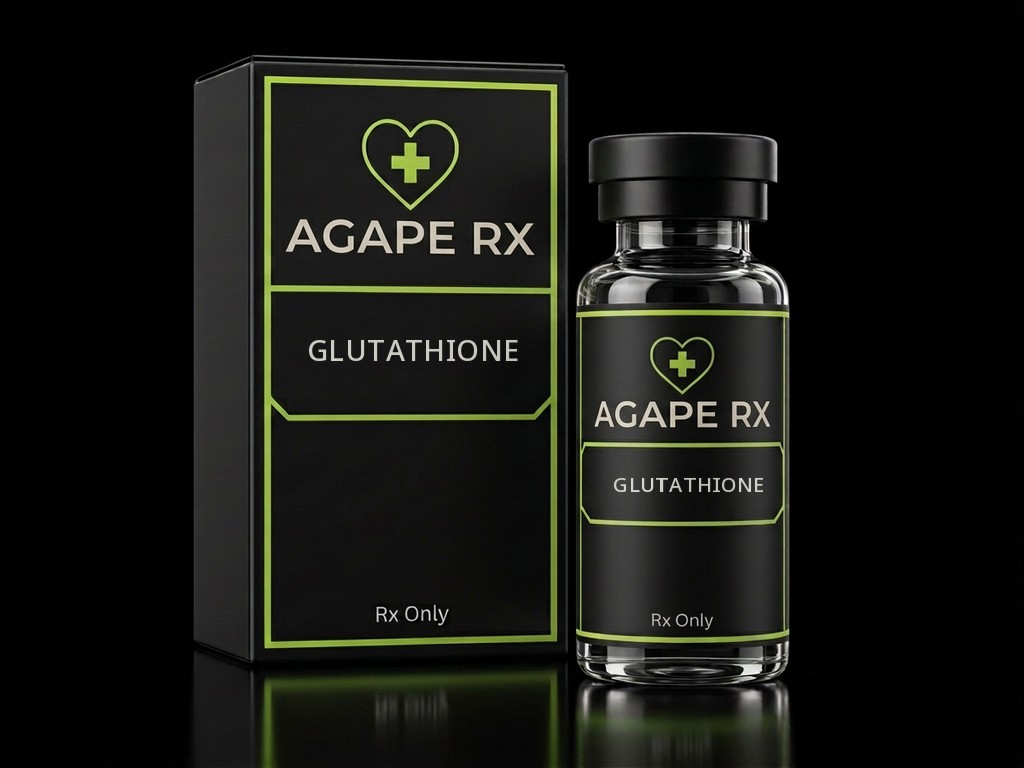 Illustrative Agape Rx packaging for Glutathione: a black box and clear glass bottle with professionally printed medication labels, lime-green heart-and-cross logos, and prescription-only labeling.