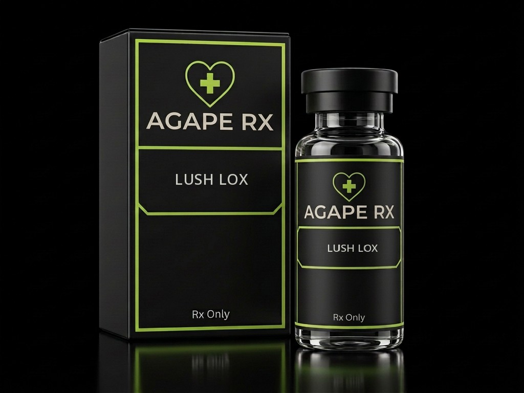 Illustrative Agape Rx packaging for Lush Lox (Female): a black box and clear glass bottle with professionally printed medication labels, lime-green heart-and-cross logos, and prescription-only labeling.
