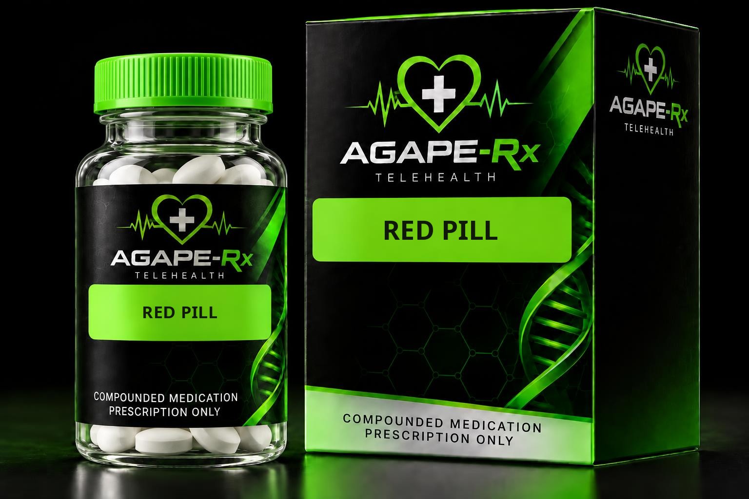 Illustrative Agape Rx packaging for Red Pill: a black box and oral medication bottle with professionally printed medication labels, lime-green heart-and-cross logos, and prescription-only labeling.