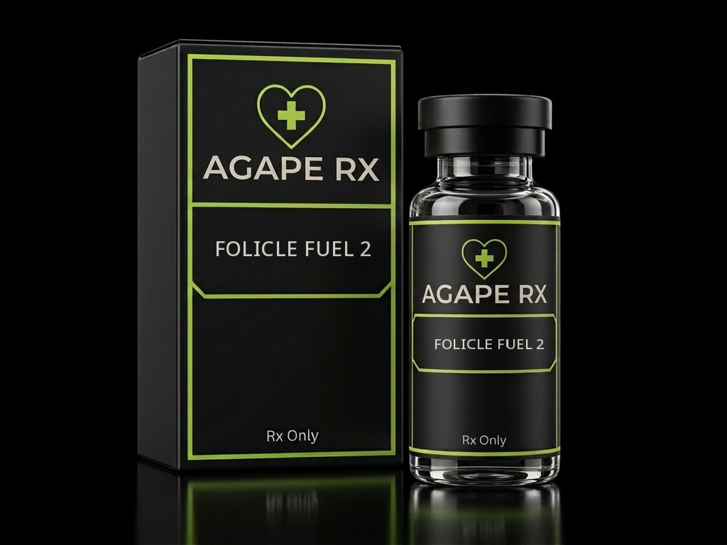 Illustrative Agape Rx packaging for Folicle Fuel 2 (Male): a black box and clear glass bottle with professionally printed medication labels, lime-green heart-and-cross logos, and prescription-only labeling.