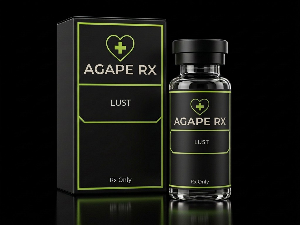 Illustrative Agape Rx packaging for Lust: a black box and clear glass bottle with professionally printed medication labels, lime-green heart-and-cross logos, and prescription-only labeling.