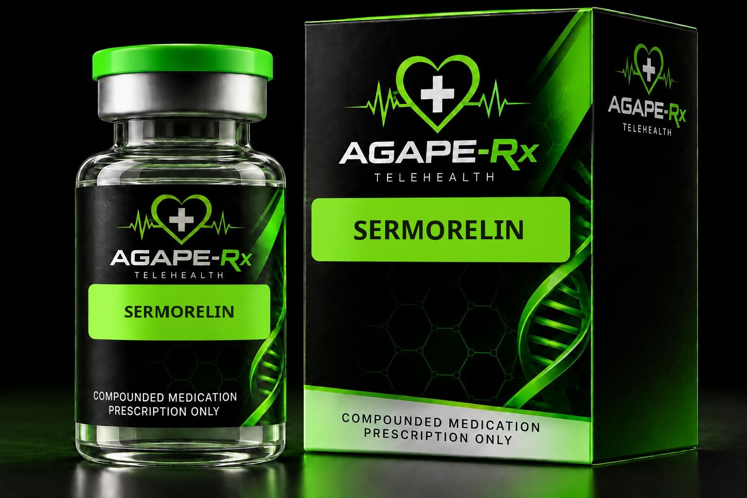 Illustrative Agape Rx packaging for Sermorelin: a black box and clear glass vial with professionally printed medication labels, lime-green heart-and-cross logos, and prescription-only labeling.