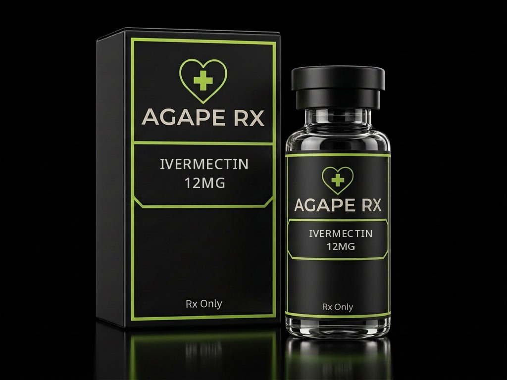 Illustrative Agape Rx packaging for Ivermectin 12mg caps: a black box and clear glass bottle with professionally printed medication labels, lime-green heart-and-cross logos, and prescription-only labeling.