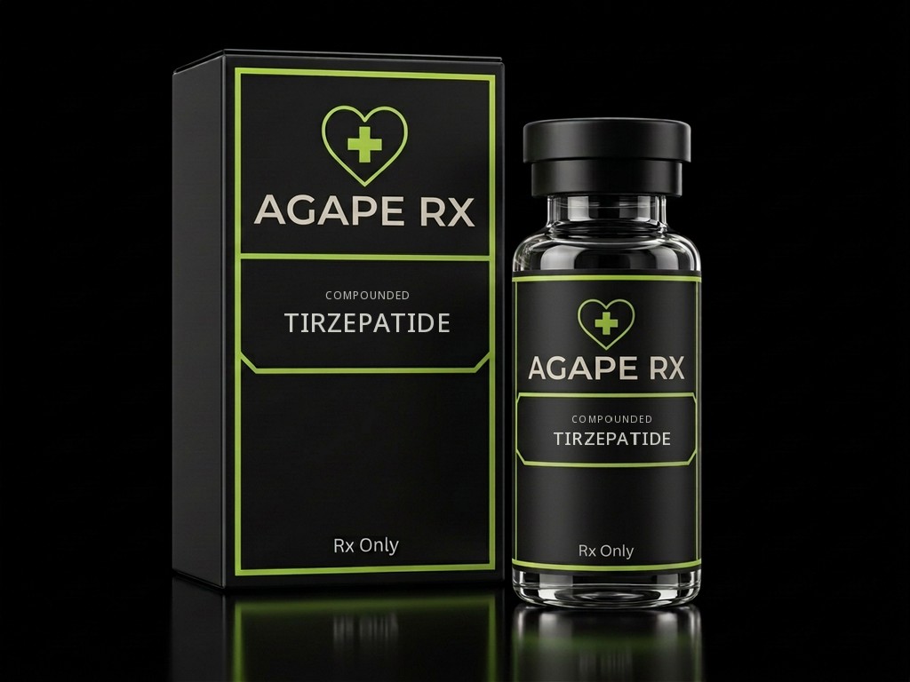 Illustrative Agape Rx packaging for Compounded Tirzepatide: a black box and clear glass bottle with professionally printed medication labels, lime-green heart-and-cross logos, and prescription-only labeling.