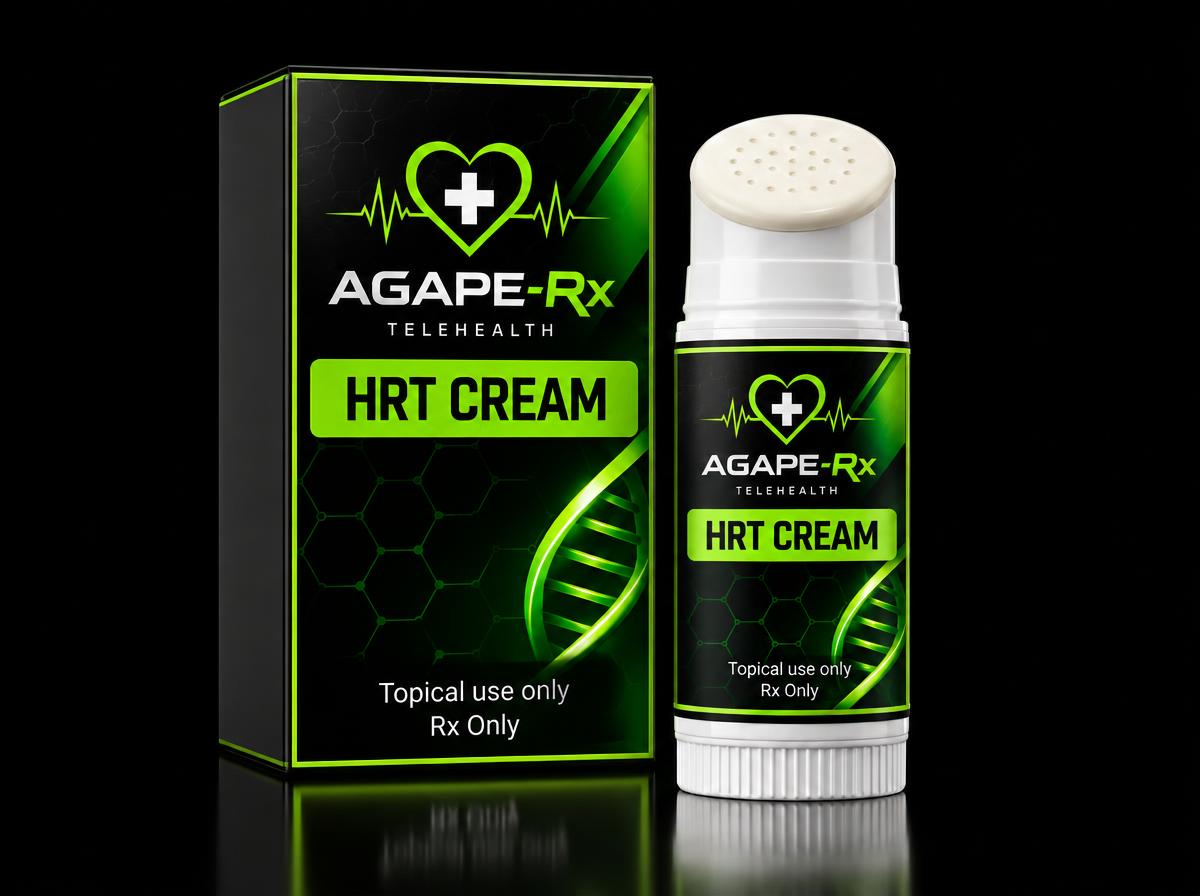 Illustrative Agape Rx packaging for HRT CREAM Estradiol / Progesterone: a black box and white TopiClick topical cream dispenser with professionally printed medication labels, lime-green heart-and-cross logos, and prescription-only labeling.