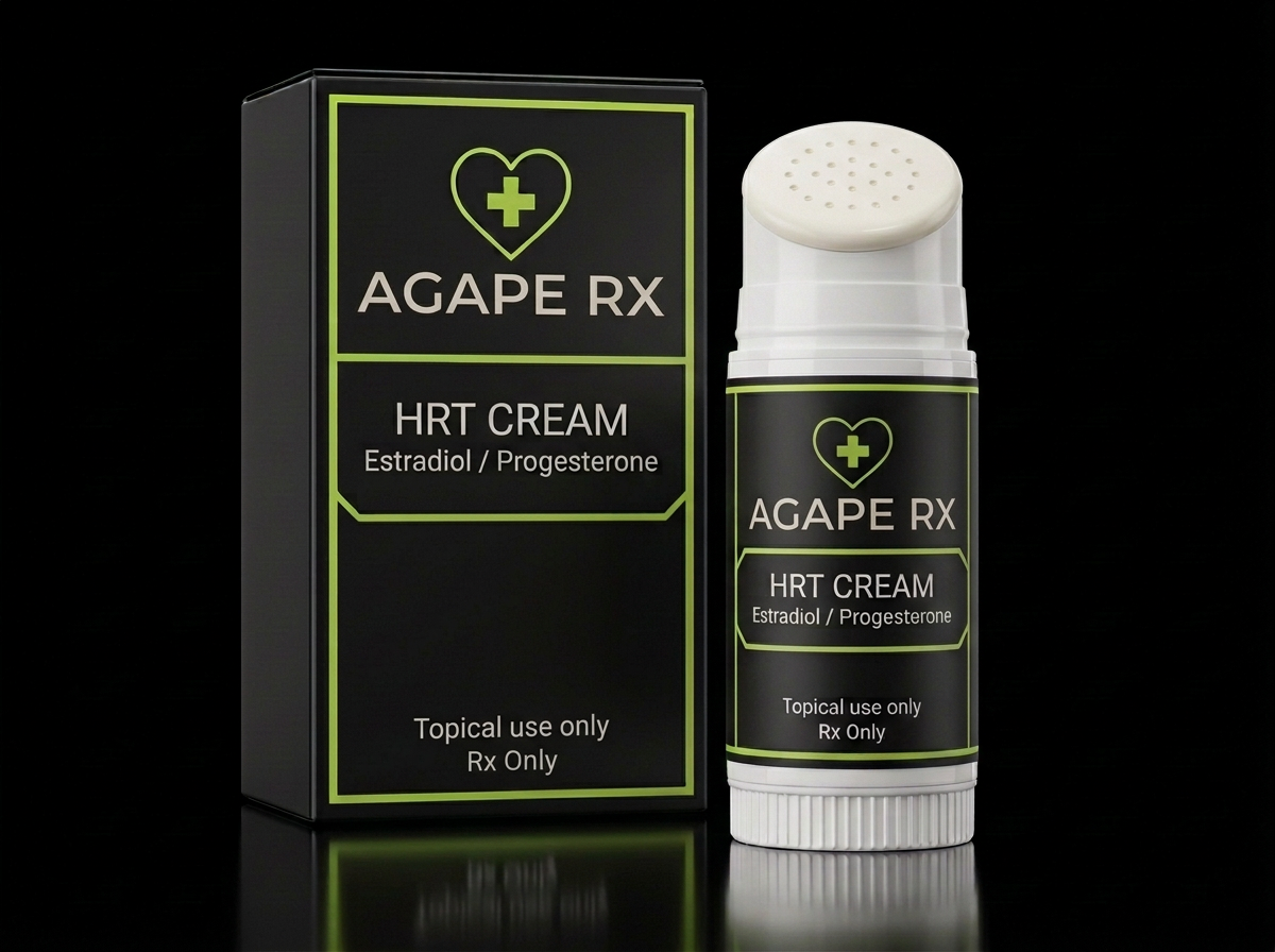 Illustrative Agape Rx packaging for HRT CREAM Estradiol / Progesterone: a black box and white TopiClick topical cream dispenser with professionally printed medication labels, lime-green heart-and-cross logos, and prescription-only labeling.
