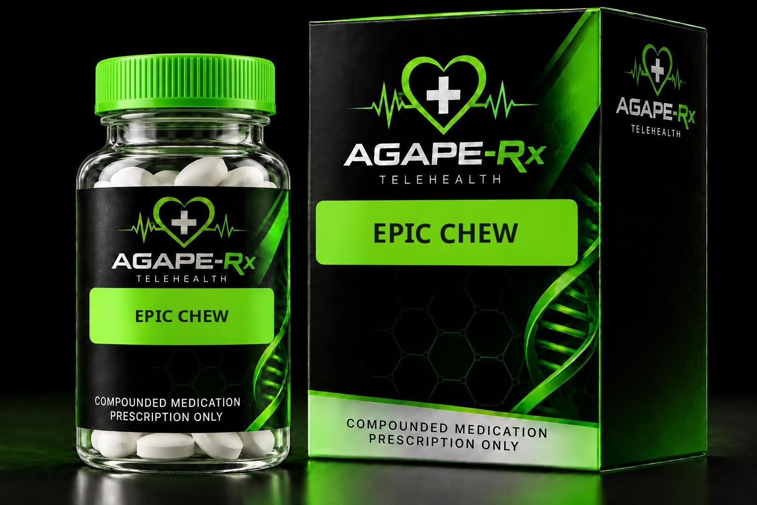 Illustrative Agape Rx packaging for Epic Chew: a black box and oral medication bottle with professionally printed medication labels, lime-green heart-and-cross logos, and prescription-only labeling.