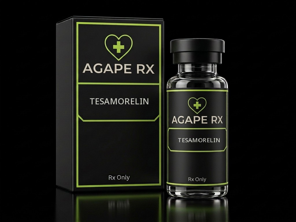 Illustrative Agape Rx packaging for Tesamorelin: a black box and clear glass bottle with professionally printed medication labels, lime-green heart-and-cross logos, and prescription-only labeling.