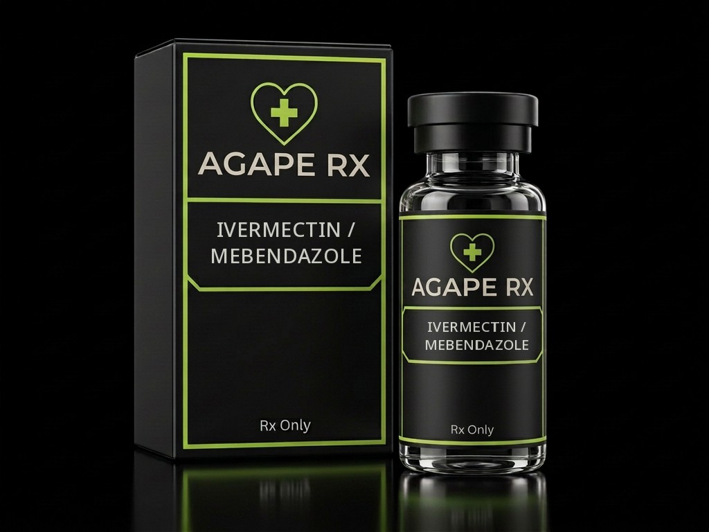 Illustrative Agape Rx packaging for Ivermectin/Mebendazole: a black box and clear glass bottle with professionally printed medication labels, lime-green heart-and-cross logos, and prescription-only labeling.