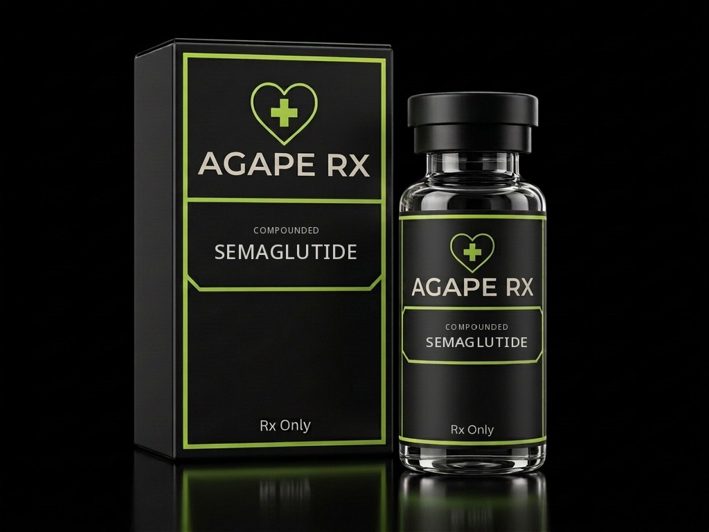 Illustrative Agape Rx packaging for Compounded Semaglutide: a black box and clear glass bottle with professionally printed medication labels, lime-green heart-and-cross logos, and prescription-only labeling.