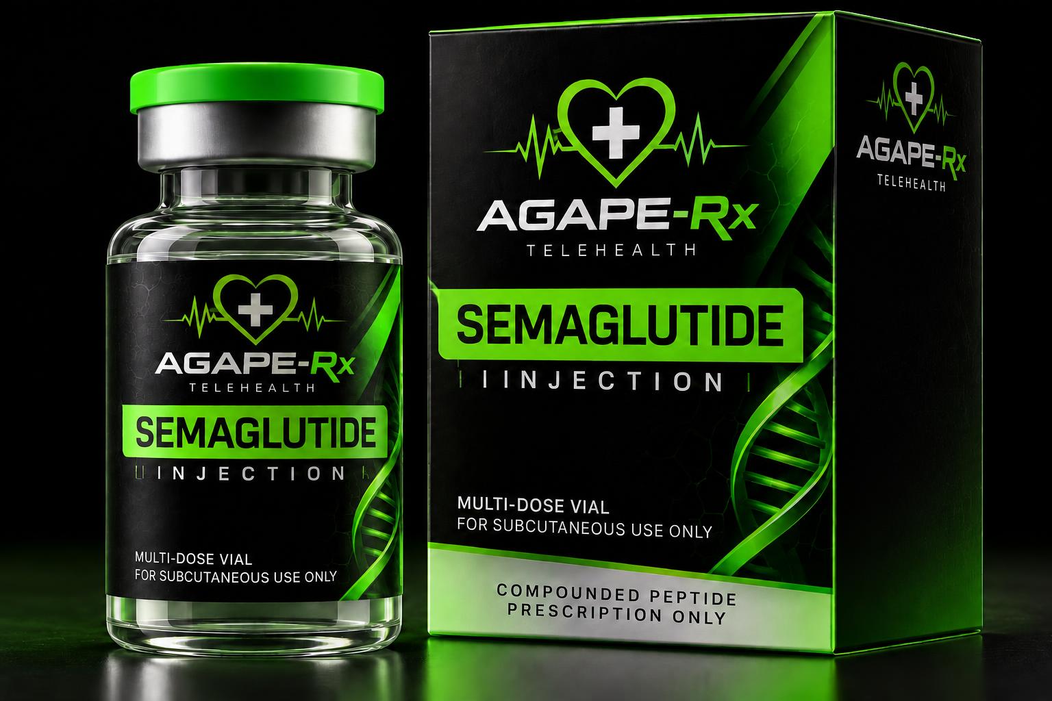 Agape Rx compounded semaglutide injection packaging on a black background: a clear glass multi-dose vial with a green cap and silver collar beside a black product box printed with AGAPE-Rx Telehealth, Semaglutide Injection, and Prescription only.