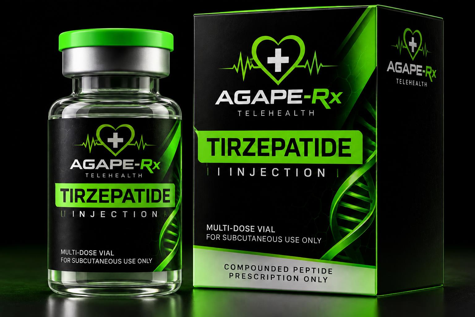 Agape Rx compounded tirzepatide injection packaging on a black background: a clear glass multi-dose vial with a green cap and silver collar beside a black product box printed with AGAPE-Rx Telehealth, Tirzepatide Injection, and Prescription only.